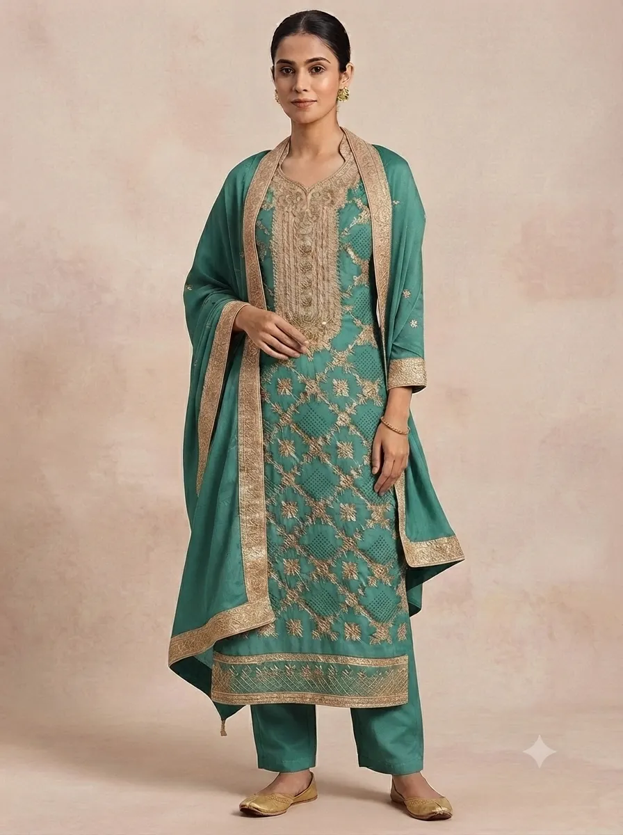 Green Shining Cotton Designer Suit for Women