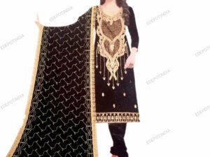 Here's a 5-word professional image alt text suggestion:  Elegant Black Premium Cotton Unstitched Suit  This alt text is descriptive, concise, and incorporates the key product features (color, material, and style), making it perfect for search engine optimization (SEO) and accessibility purposes.