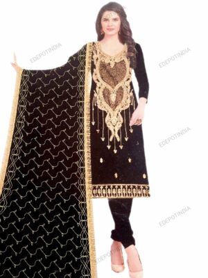 Here's a 5-word professional image alt text suggestion:  Elegant Black Premium Cotton Unstitched Suit  This alt text is descriptive, concise, and incorporates the key product features (color, material, and style), making it perfect for search engine optimization (SEO) and accessibility purposes.