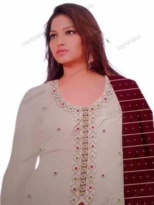 Beige Designer Party Wear Unstitched Dress Material with Rayon Bottom
