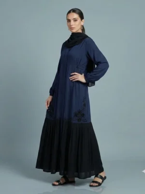 Nida Fabric Embroidered Abaya navy blue