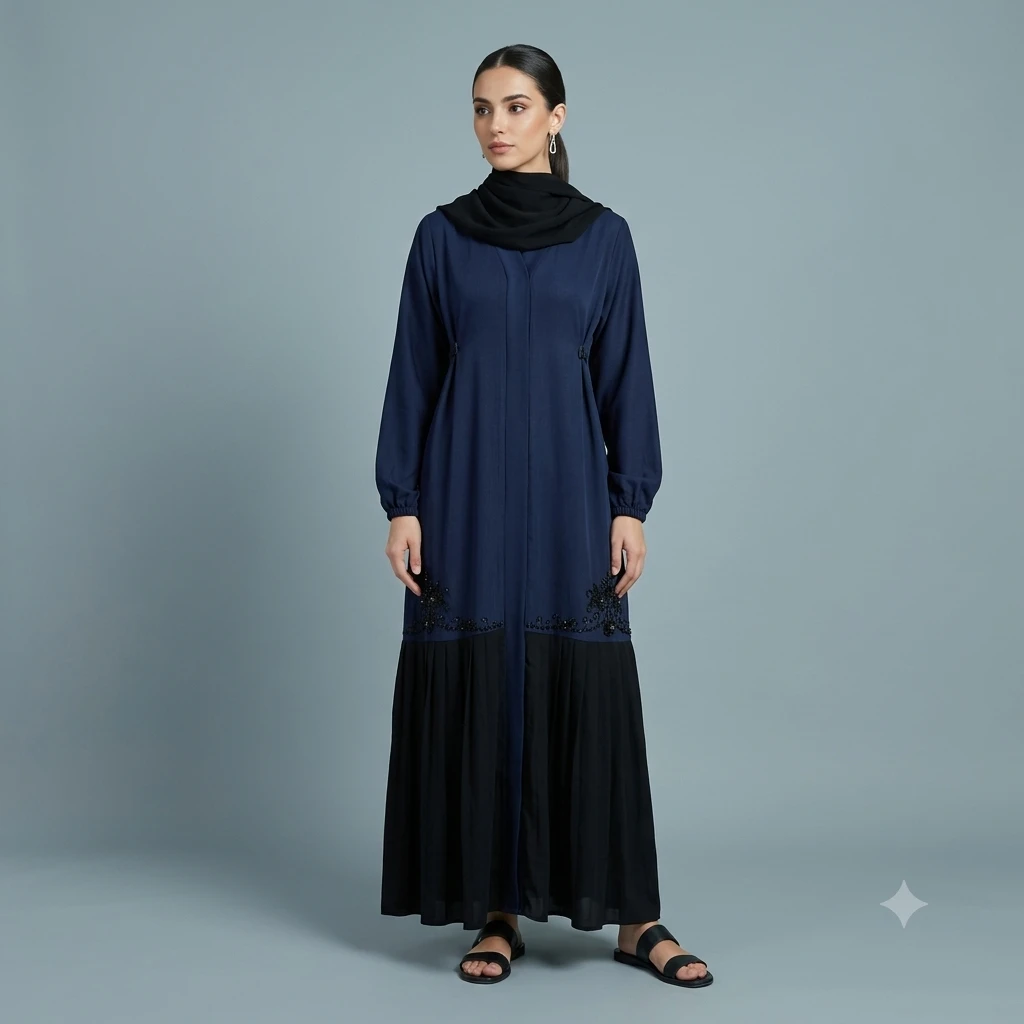 Nida Fabric Embroidered Abaya navy blue-front view