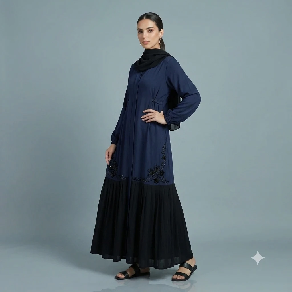 Nida Fabric Embroidered Abaya navy blue
