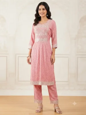 Nyra Cut Cotton Kurti with Matching Pant Set-pink-1