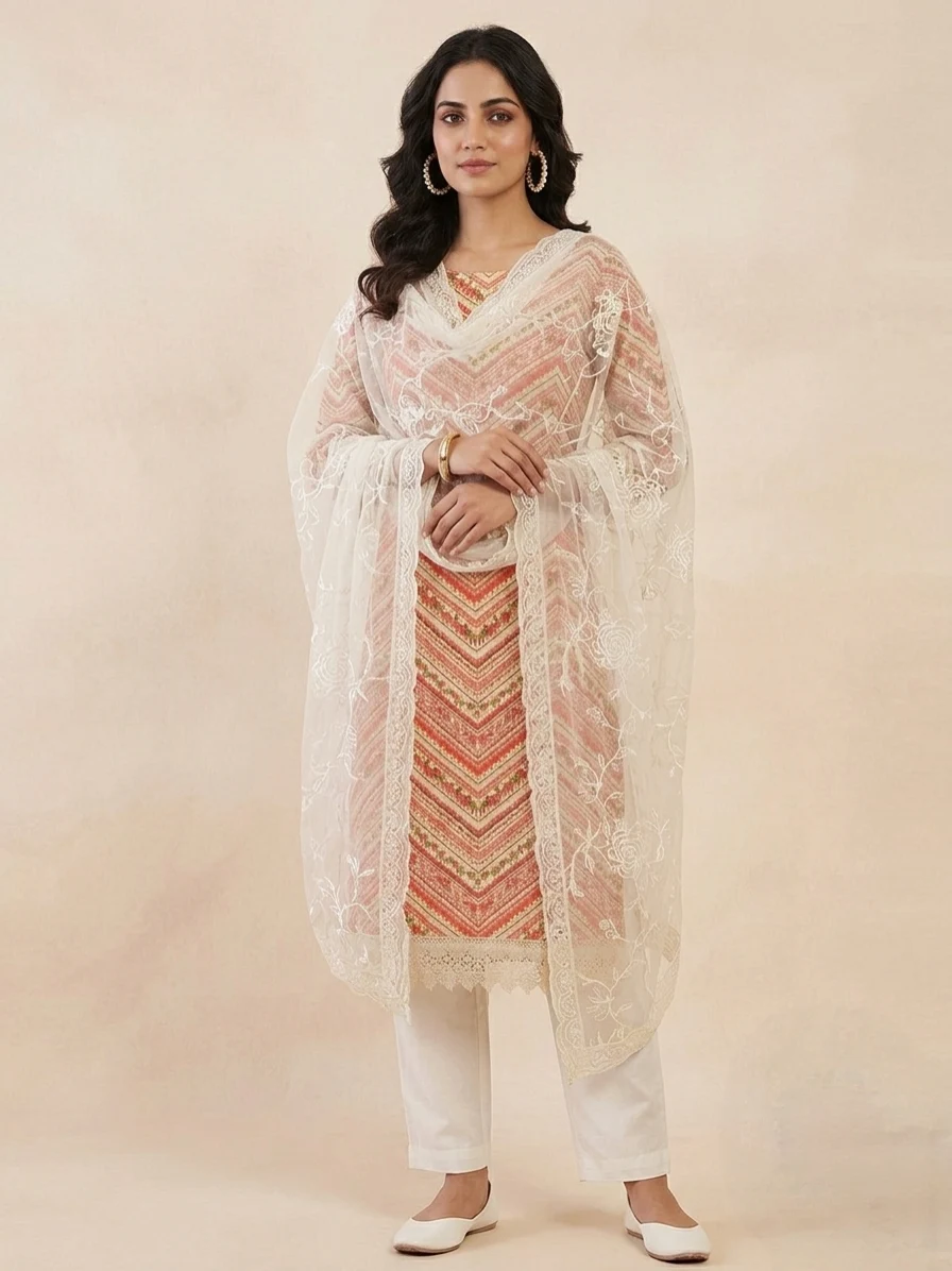 Peach Party Wear Unstitched Dress Material with Embroidered Net Dupatta - Image 2