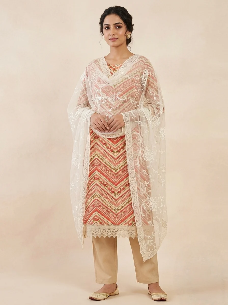 Peach Party Wear Unstitched Dress Material