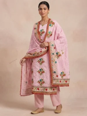 pink cotton unstitched dress material with a designer dupatta-1