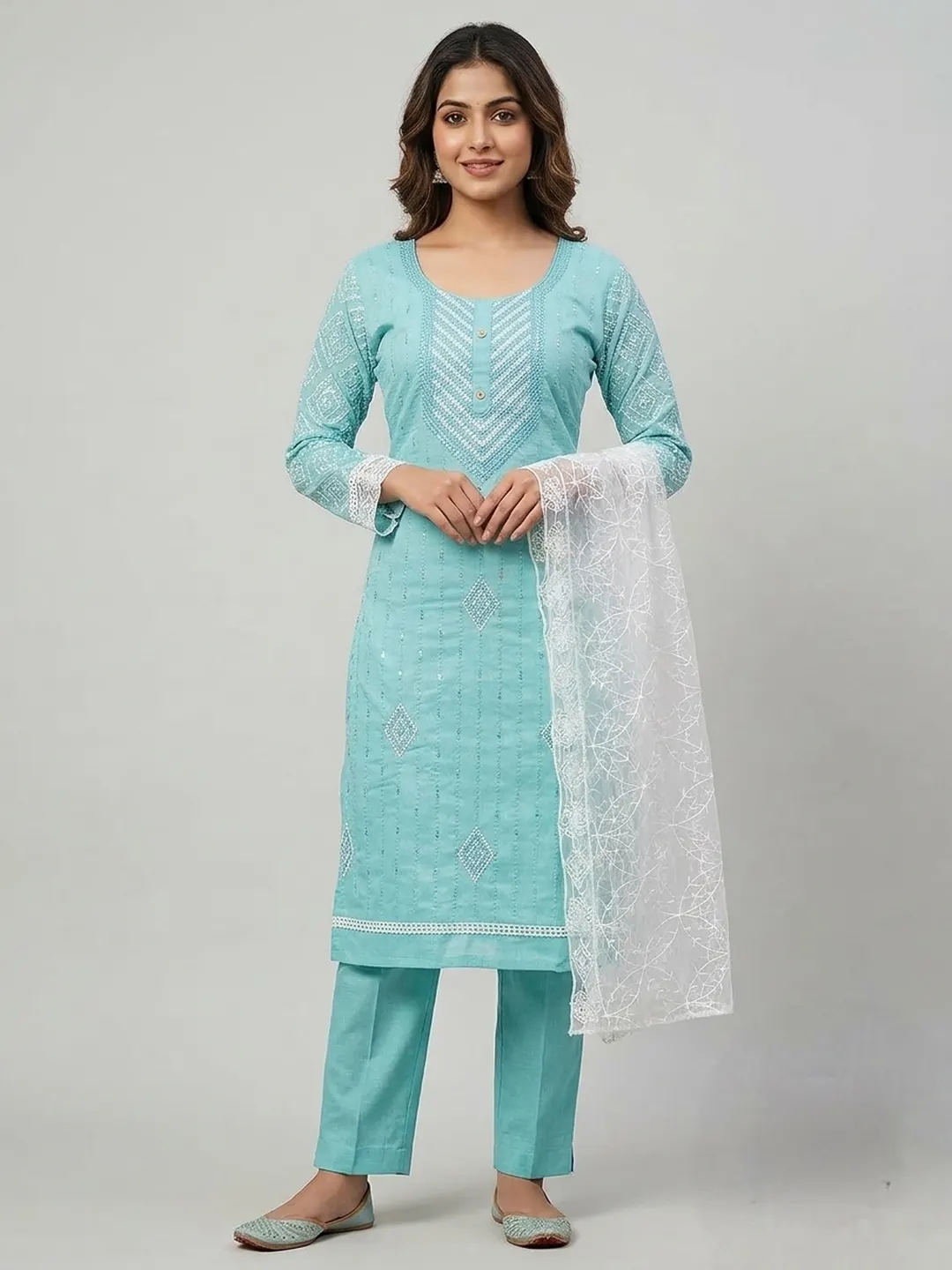 Aqua Green Unstitched Suit Set with Dupatta