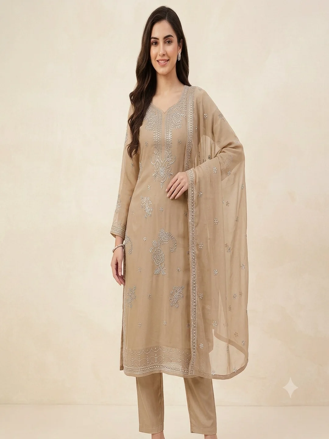 Beige Premium Georgette Unstitched Salwar Suit