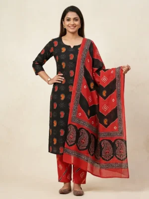 Black Red Batik Print Cotton Printed Suit