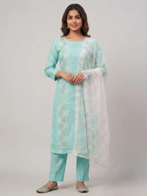 blue chanderi unstitched dress material
