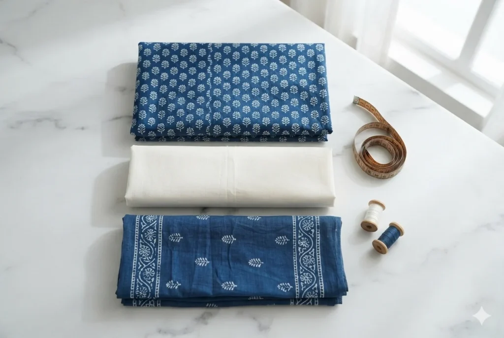 Complete unstitched dress material set with top fabric, bottom fabric and matching dupatta