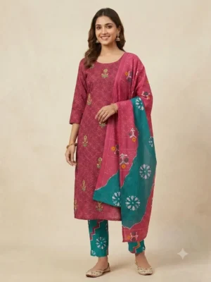 Magenta Pink Teal Blue Cotton Printed Suit Set