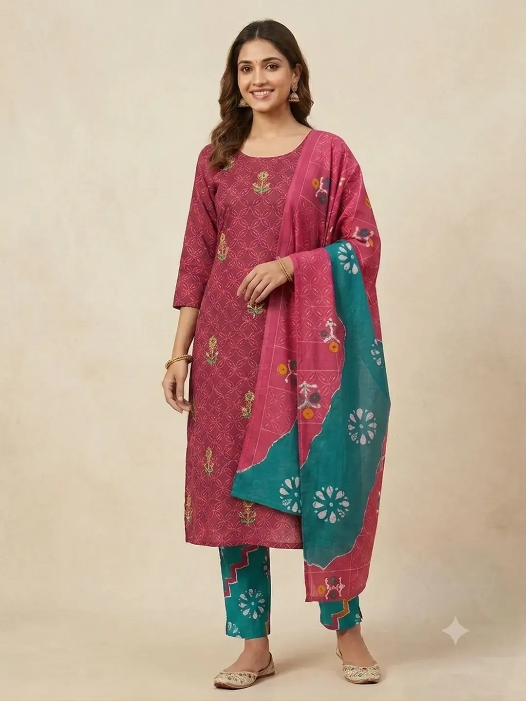Magenta Pink Teal Blue Cotton Printed Suit Set