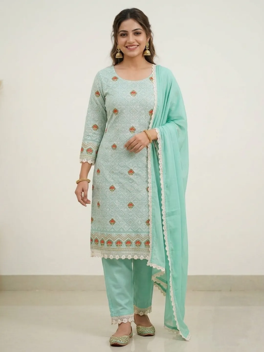 green chikankari unstitched dress material-1