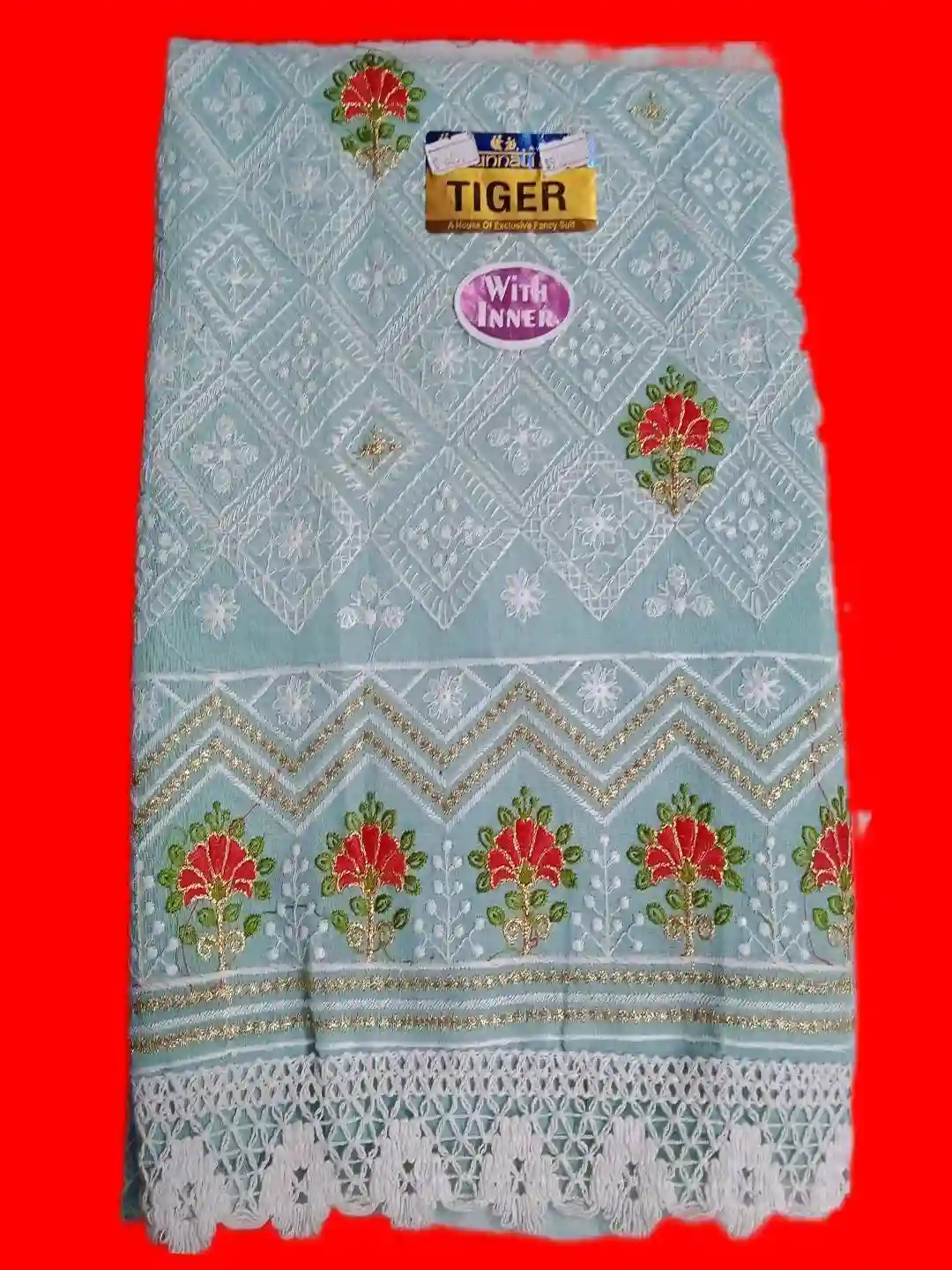 Mint Green Chikankari Style Cotton Thread Work Unstitched Dress Material with Lace Border-2