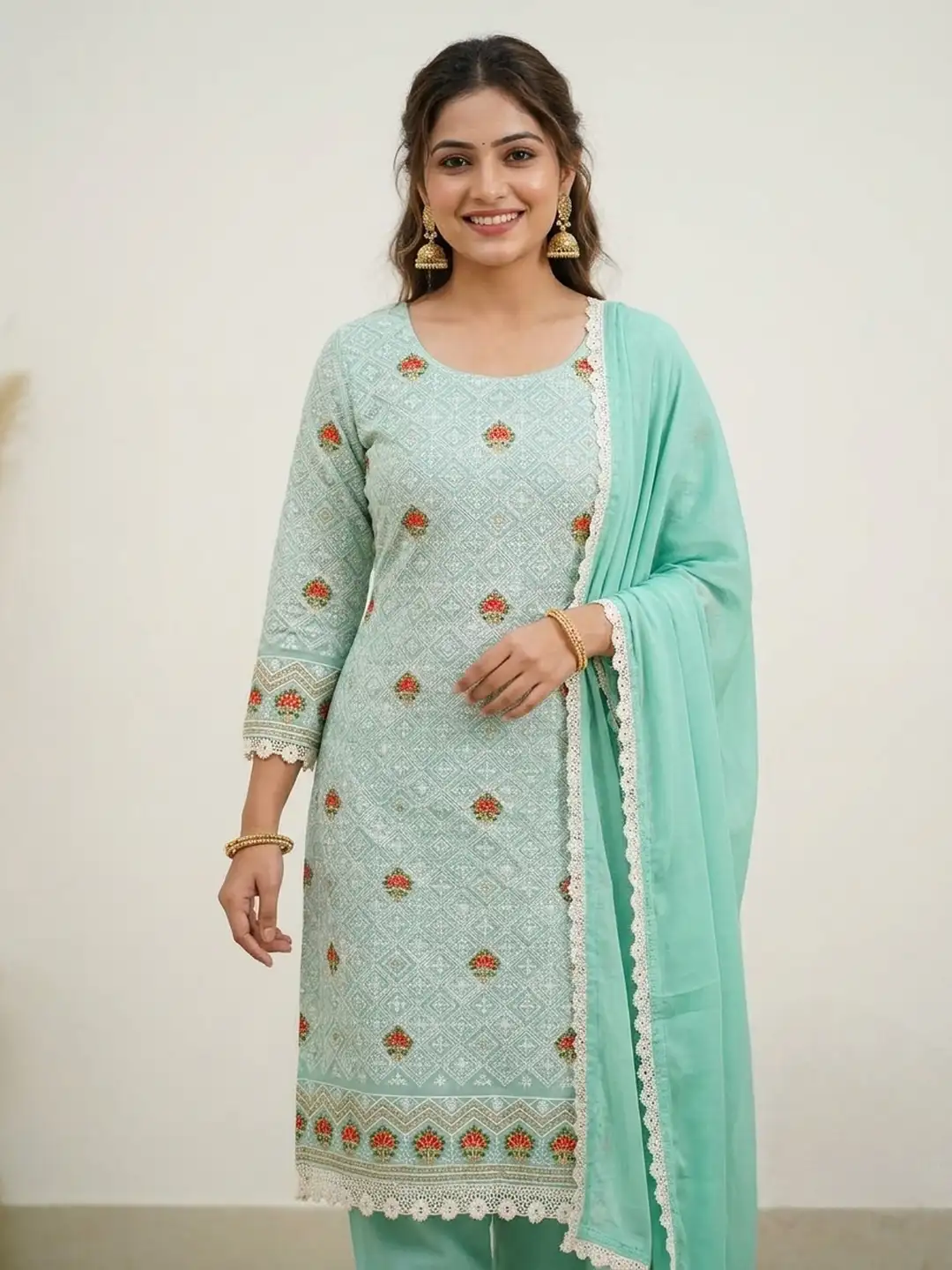 green chikankari unstitched dress material