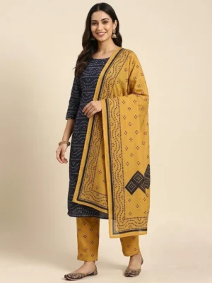 Navy Blue & Mustard Yellow Bandhani cotton printed Suit with cotton Dupatta