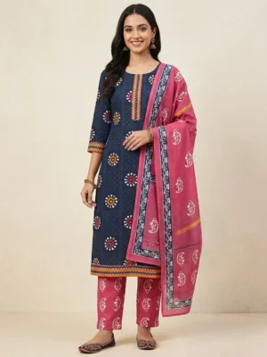 Navy Blue Pink Paisley Cotton Printed Suit