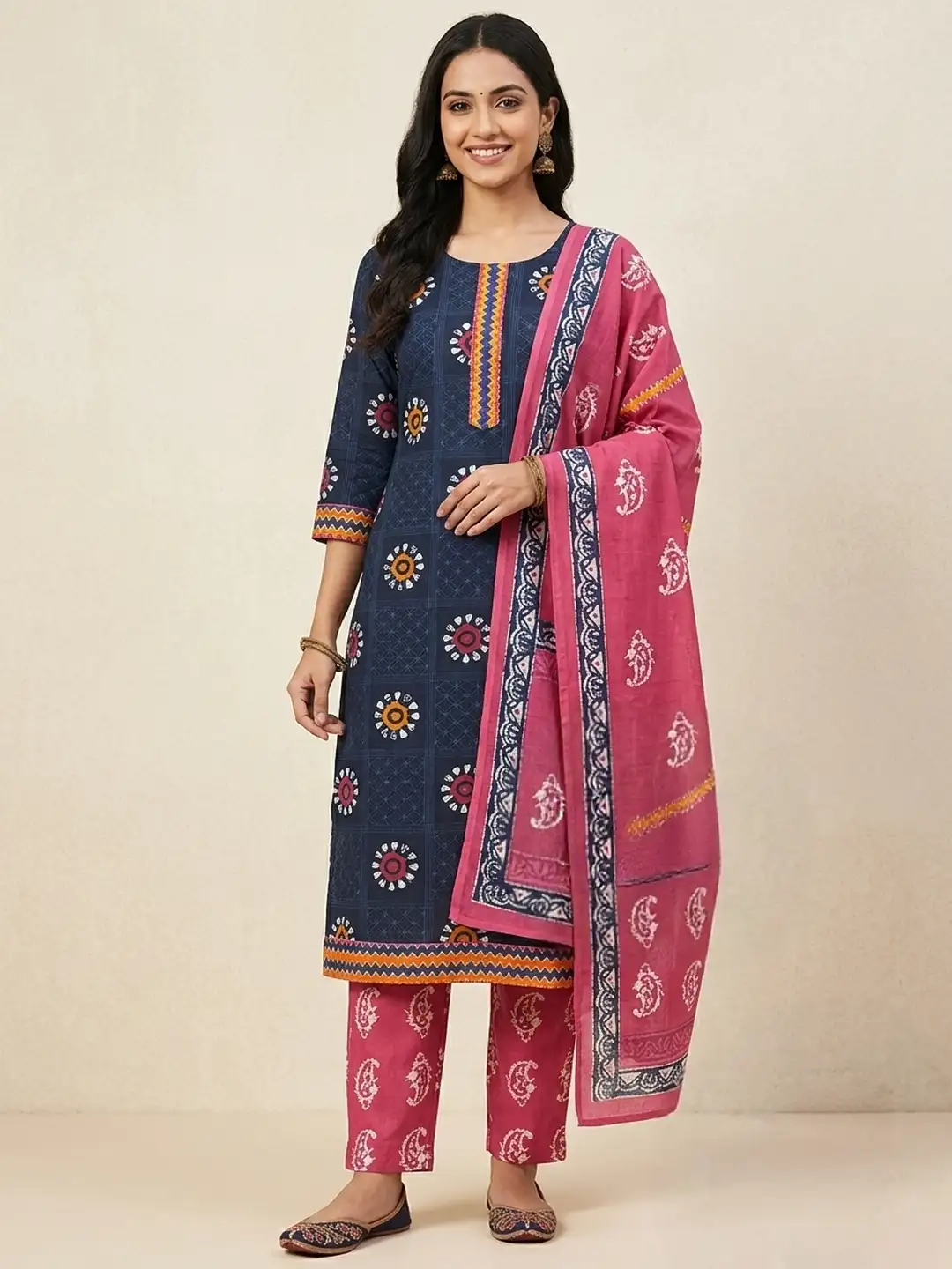 Navy Blue Pink Paisley Cotton Printed Suit