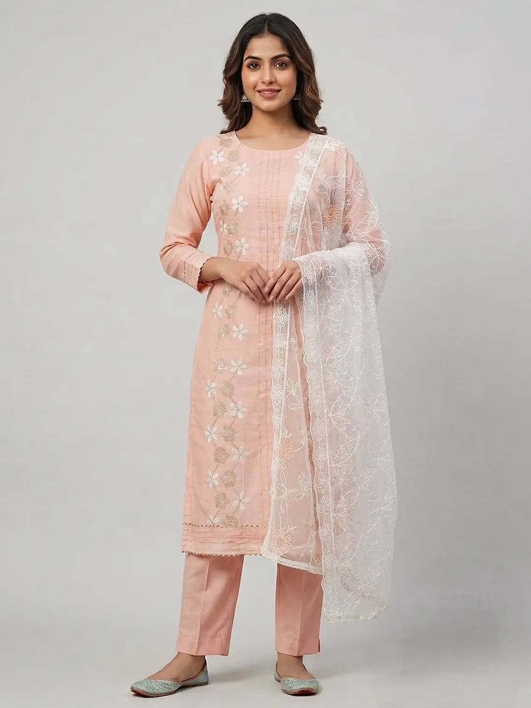 Peach Chanderi Unstitched Dress Material with White Embroidered Dupatta
