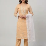 Peach Embroidered Unstitched Dress Material with White Dupatta