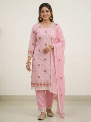 Pink Chikankari Style Cotton Thread Work Unstitched Dress Material with Lace Border