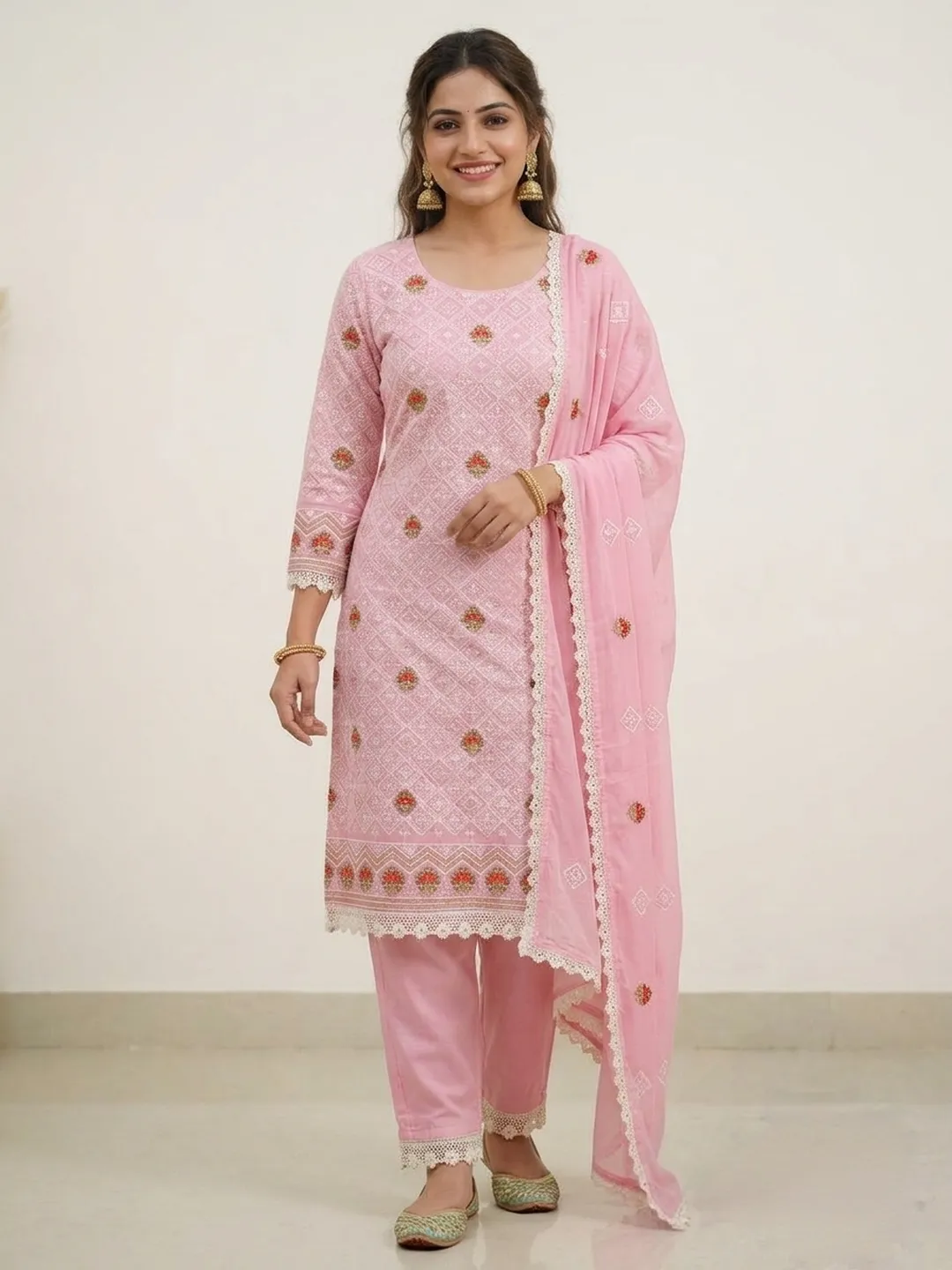Pink Chikankari Style Cotton Thread Work Unstitched Dress Material with Lace Border