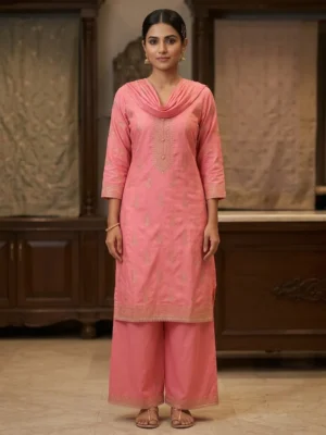 Pink Glace Cotton Unstitched Dress Material with Zari Embroidery