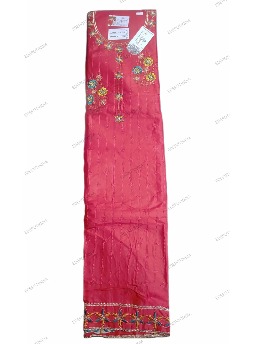 Rani Pink Cotton Unstitched Dress Material with Teal Dupatta and Rayon Bottom-2