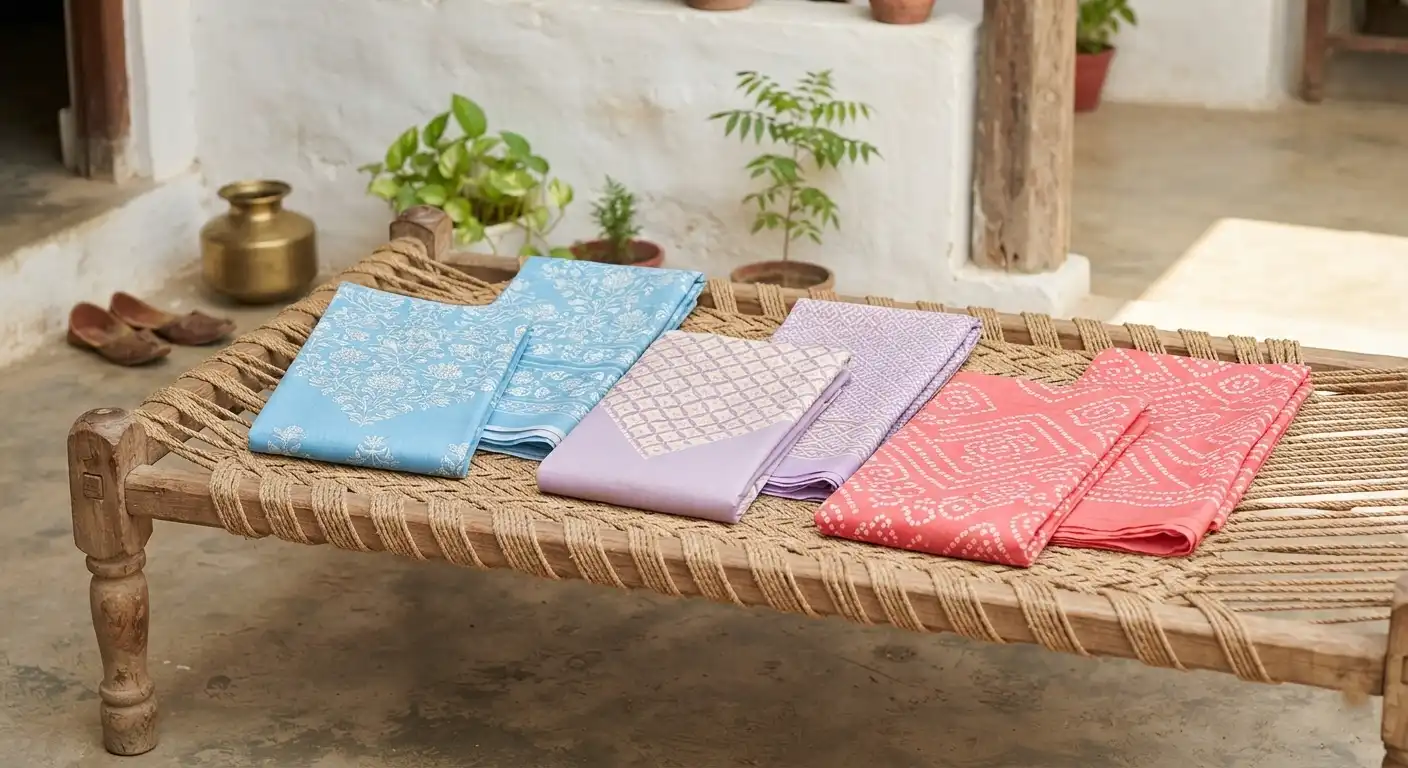 Cotton printed unstitched dress material in sky blue, lavender and coral displayed on a woven cot in natural light