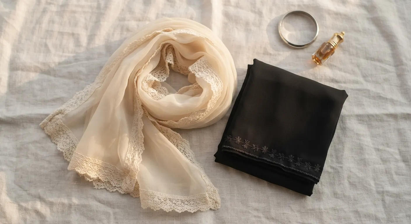 Chiffon dupatta in cream with lace detail and fancy naqab in black styled with silver bangle on linen background