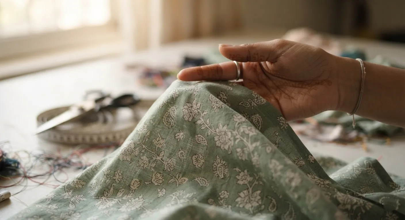 Close-up of hand touching soft cotton unstitched dress material fabric in sage green with block print