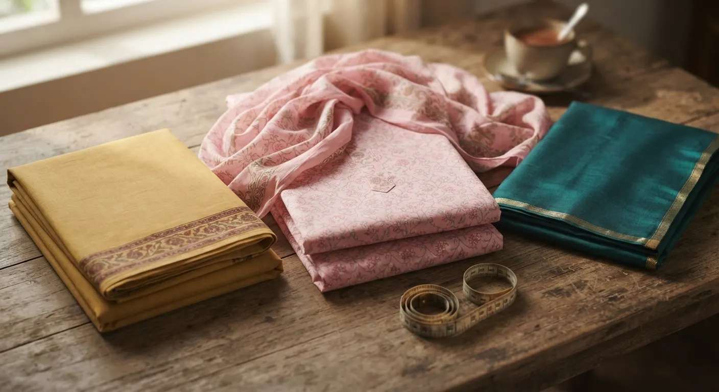 Unstitched ladies dress material sets in mustard, pastel pink and teal displayed on a wooden table