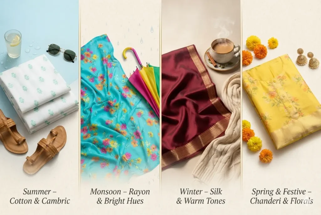 Seasonal unstitched dress material guide – Summer Cotton, Monsoon Rayon, Winter Silk, Spring Chanderi
