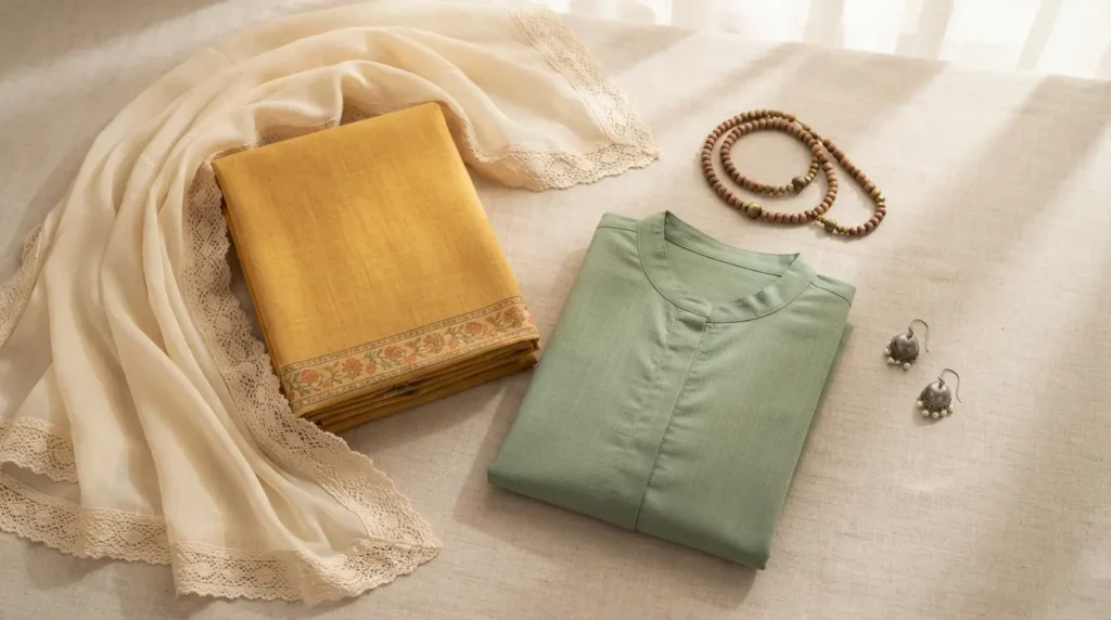 Cotton unstitched suit set, chiffon dupatta, and readymade kurta styled with simple jewelry for daily ethnic wear